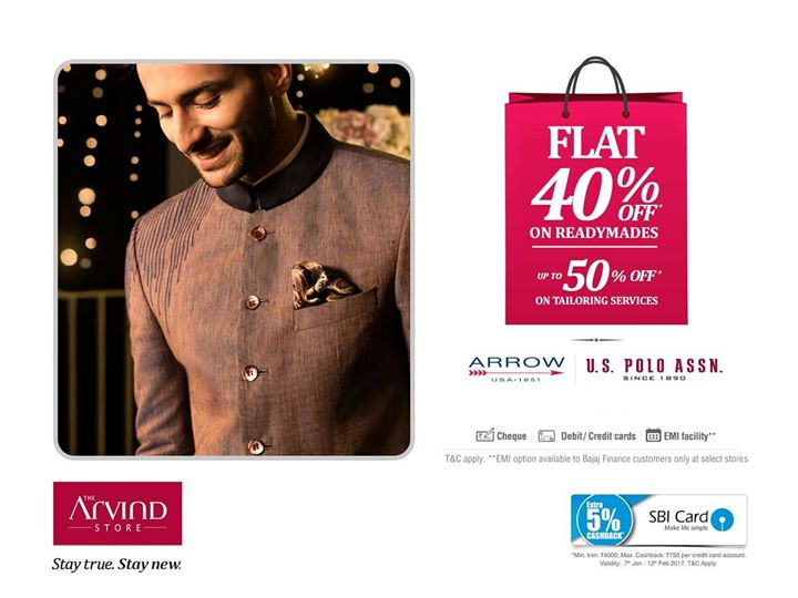Redefine your style at a great price! Get flat 40% off on readymades and up to 50% off on tailoring services. Use your SBI credit cards and get an extra 5% off. Don’t miss out and visit your nearest Arvind Store. OFFER VALID ONLY FOR THIS WEEKEND!
 Click Here: http://bit.ly/TASWeekendOffer