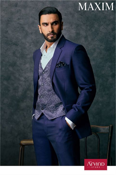 The Arvind Store Crisp dapper and tailored to perfection Here s Ranveer  Singh wearing the 3 piece Royal Blue suit from our latest AW 17 collection  for Maxim