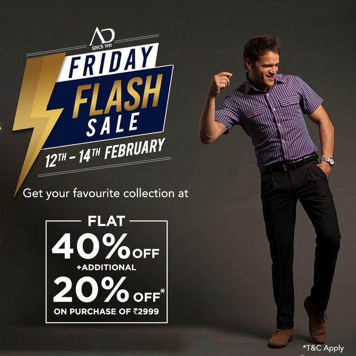 Shop all your wardrobe must-haves this Friday Flash Sale. Get AD collection at FLAT 40% OFF + additional 20% OFF* on purchase of Rs.2999. 

Wishlist Now at arvind.nnnow.com
.
.
.
#ADfashion #ArvindFashion #TheArvindStore #FridayFlashsale #FridaySale #2021sale #discounts #Menswear #MensFashion #Fashion #style #comfortable #classicmenswear #texturedfabrics #firstimpressions #dressforsuccess #StayStylish