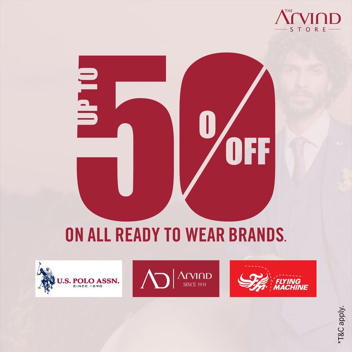 #OfferAlert
Grab up to 50% off* on all ready to wear brands at #TheArvindStore 

Get an extra 10% cashback on HDFC Credit / Debit cards. T&C apply.

We take all the safety precautions.

#Arvind #ReadyToWear #Menswear 
#Sale #StyleUpNow
#YayFriday #FridayFashion 
#Dapper #FashioningPossibilities
