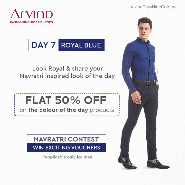 Look royal in blue & share your picture.
Calling all the men to participate and win gift vouchers. 

Share your Navratri inspired look in blue!
Rules to participate:*
Like the post of the day
Share the post of the day in your story
Tag 2 friends in Comment Section to participate in this contest
Share your Navratri Ready image
*T&C Apply
Shop Now: https://bit.ly/3v6agLe

#Arvind #FashioningPossibilities #LandOfFestivals #FestiveReady #AnOdeToCelebrations #FestiveLook #FestiveLookBook #ArvindLookBook #EthnicWears #TraditionalOutfits #Menswear #ClassicCollection #ContestAlert #NavratriContest #9Days9Colours #RoyalInBlue