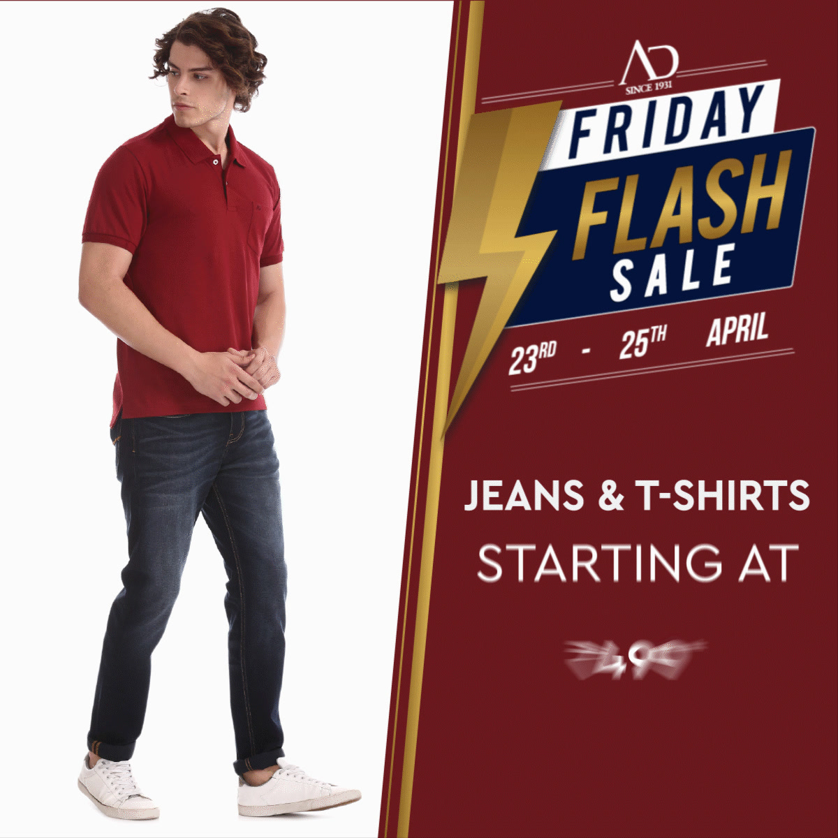Get all set to wear your swag with Jeans & T-Shirts starting at just Rs.499*, only on 23rd, 24th & 25th April!  Shop now at arvind.nnnow.com

#ADbyArvind #ADfashion #FashioningPossibilities #FridayFlashSale #Menswear  #StayStylish  #Jeans #Tshirts #OfferAlert #FridayFashion #YayFriday