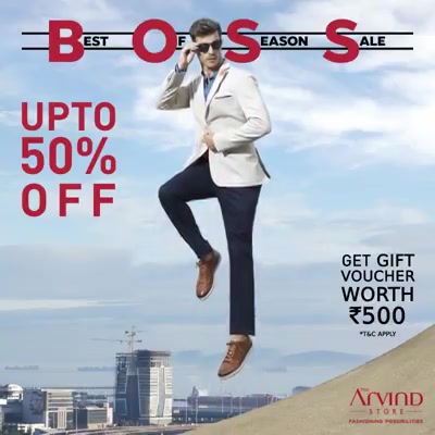 Elevate your style quotient with Best Of Season Sale at the Arvind store. We’ve saved the best for the last, with our ready-to-wear office outfits. Get up to 50% off. Also avail a gift voucher
worth Rs. 500. Click here:  http://bit.ly/2u4oFZs

#TheBossIsHere