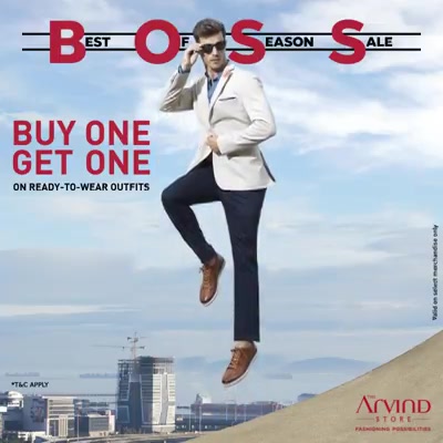 Time for Buy-One-Get-One with the Best of Season Sale! Choose from a wide range of fashionable ready-to-wear outfits like blazers, shirts, chinos and more at The Arvind Store. T&C apply. Valid on select stores only.