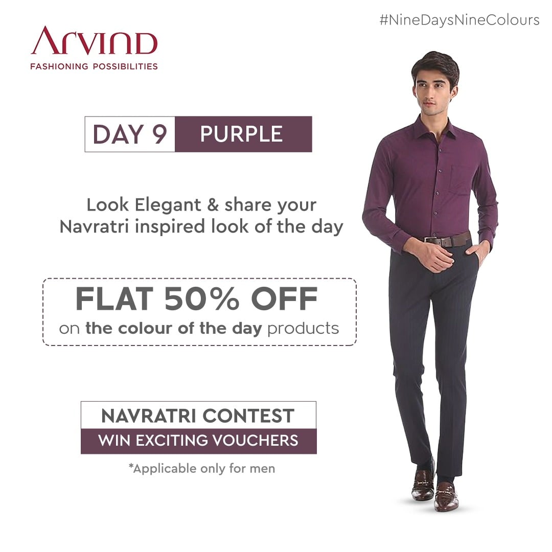 Get ready, look handsome in Purple and share your picture to win exciting vouchers.
Share your Navratri inspired look in Purple Now!

Applicable only for men
Rules to participate:*
Like the post of the day
Share the post of the day in your story
Tag 2 friends in Comment Section to participate in this contest
Share your Navratri Ready image
*T&C Apply
Shop Now: https://bit.ly/2Xgclb8

#Arvind #FashioningPossibilities #LandOfFestivals #FestiveReady #AnOdeToCelebrations #FestiveLook #FestiveLookBook #ArvindLookBook #EthnicWears #TraditionalOutfits #Menswear #ClassicCollection #ContestAlert #NavratriContest #9Days9Colours #HandsomeInPurple