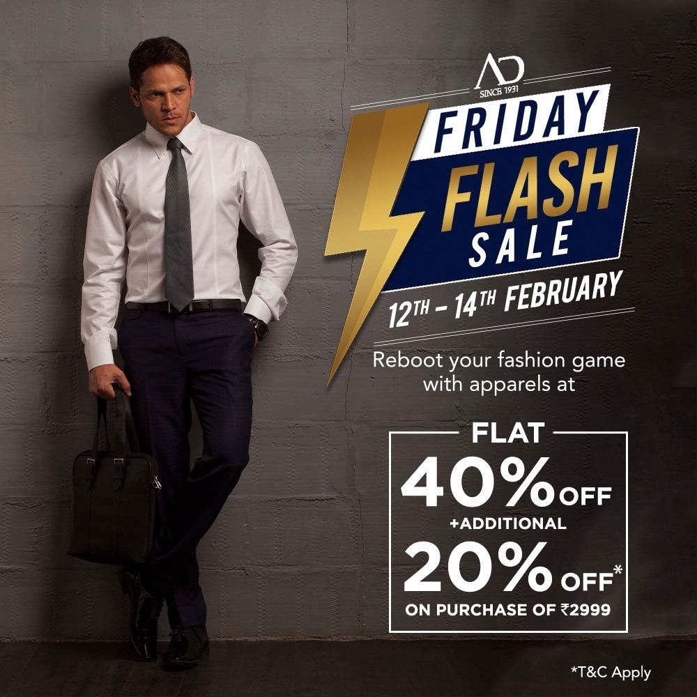 It’s time to revamp your everyday style with AD collection at FLAT 40% OFF + additional 20% OFF* on purchase of Rs.2999. Sale is only on 12th-14th February.

Shop now at arvind.nnnow.com
.
.
.
#ADfashion #ArvindFashion #TheArvindStore #FridayFlashsale #FridaySale #2021sale #discounts #Menswear #MensFashion #Fashion #style #comfortable #classicmenswear #texturedfabrics #firstimpressions #dressforsuccess #StayStylish