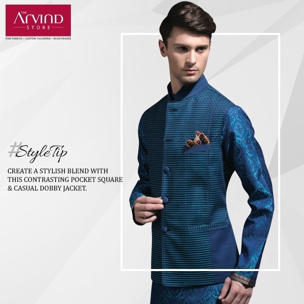 This pocket square adds charm to the fine design on this casual dobby jacket. It brings out the best in this attire!
#StyleTip #Fashionformen #Menswear #Mensfashion #Arvindstore #Mensstyle