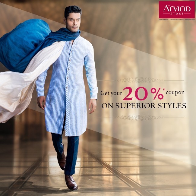 Enjoy a discount coupon up to 20%* on the finest premium attires crafted to perfection. 
#StyleWedsTradition #Weddingcollection #Arvindstore #Menswear #Mensfashion #Fashionformen