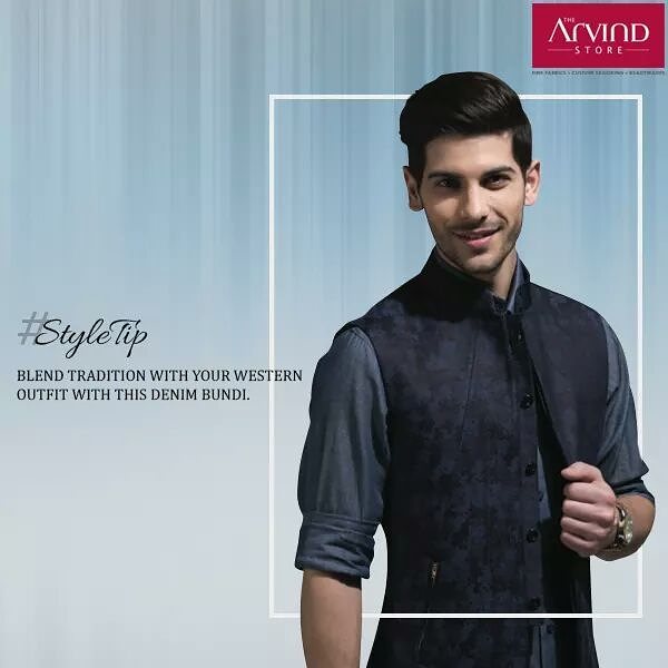 Bring in the elegance of our heritage to your western attire with this Denim Bundi. 
#StyleTip