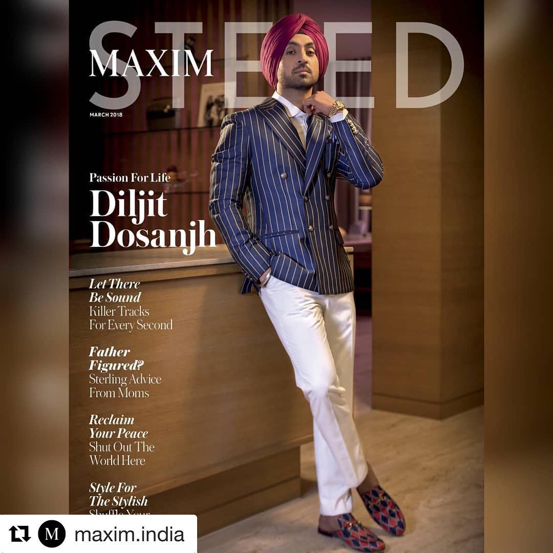 A man of many talents, @diljitdosanjh achieves the dazzling look for @maxim.india with our striking blue #suit from the ceremonial collection. #MadeInArvind