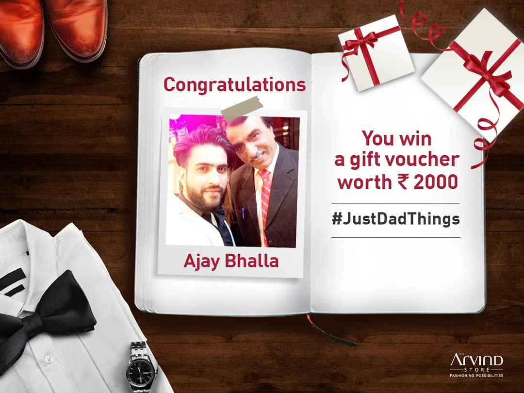 Congratulations to the winners of the #JustDadThings contest. 
Please DM us your details to claim your gift voucher worth ₹2000. #FathersDay #TheArvindStore.