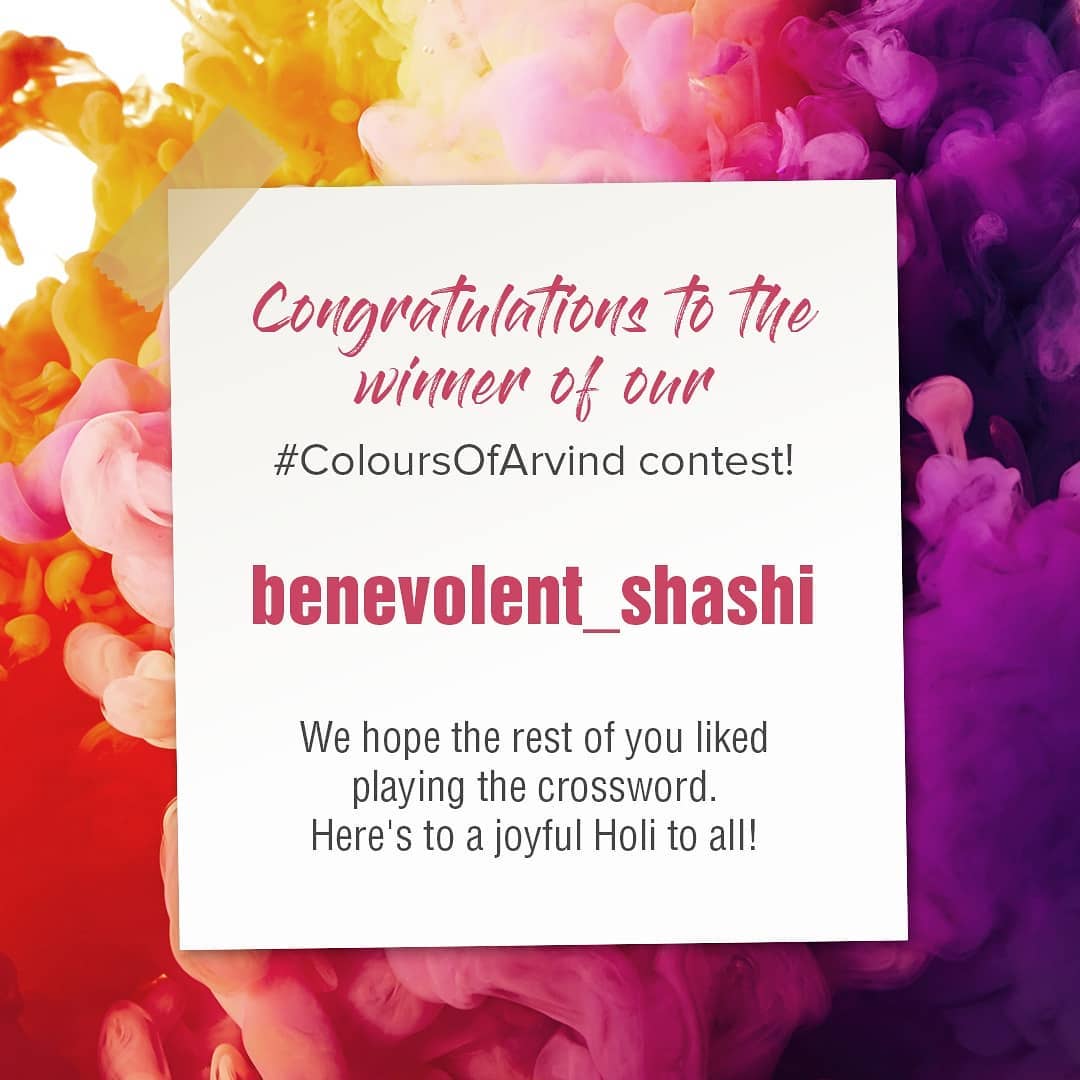 Congratulations @benevolent_shashi for your amazing answers. You truly know your style. We hope you enjoy the voucher and a Happy Holi to you from all of us at Arvind.