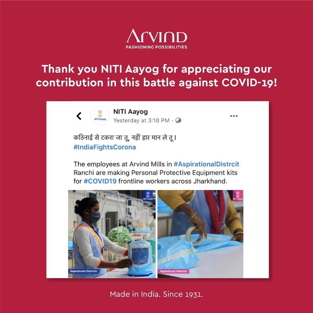 Thank you @niti.aayog for appreciating our contribution in the fight against Coronavirus. We will do what we can to contribute to this fight against the deadly virus. .
.
#ArvindMenswear #Arvind #TheArvindStore #smartcasual #fashioninstagram #dressforsuccess #itsaboutdetail #whowhatwearing #thearvindstore #classicmenswear #mensfashion #malestyle #selfisolation #lockdown2020 #positivevibes #positive #positivemindset #NitiAayog #PPEkits #facemask #indiafightscorona #coronawarriors