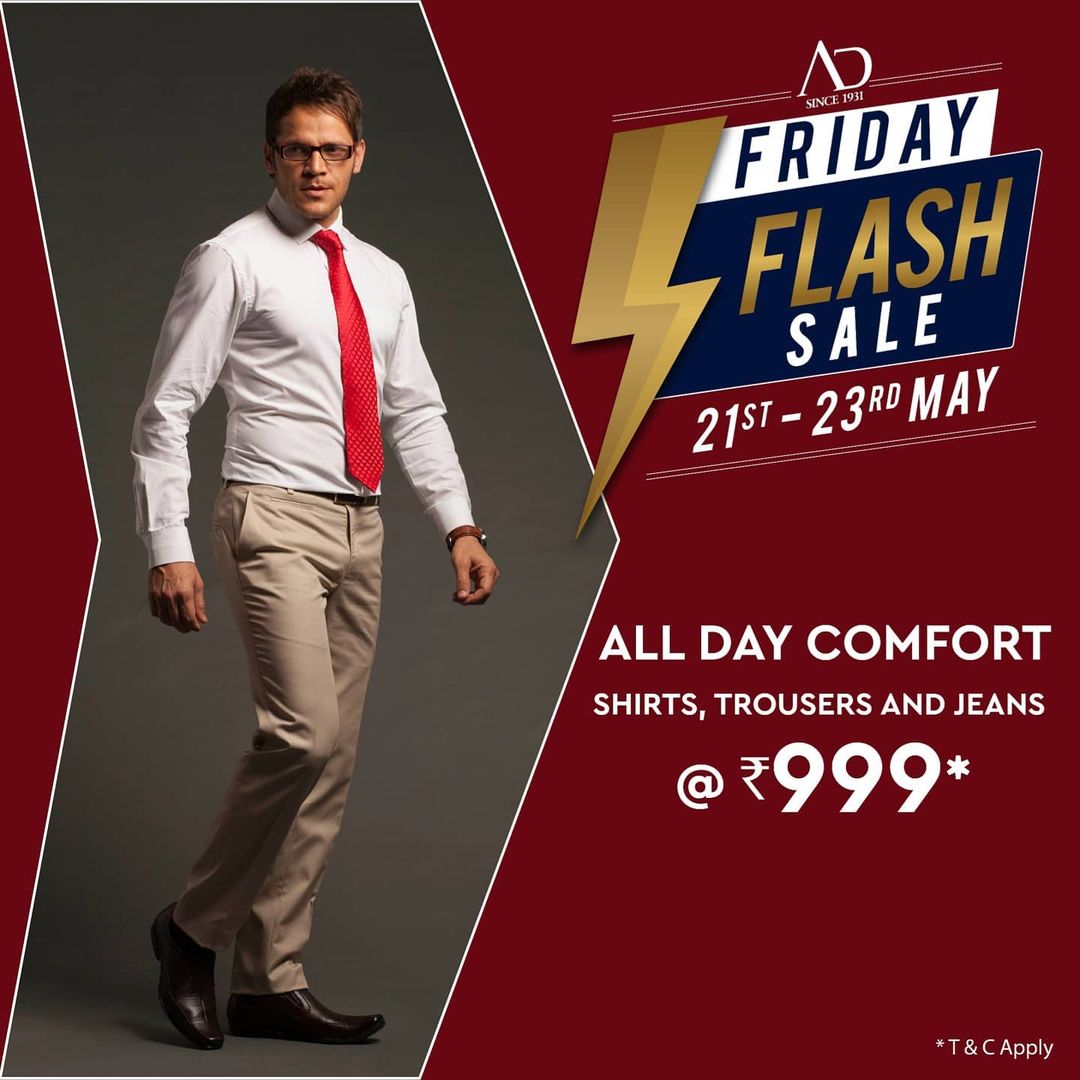 #OfferAlert
Spruce up your all day comfort look with Shirts, Trousers & Jeans from AD at just Rs. 999* only at the #FridayFlashSale from 21st to 23rd May. Shop now at arvind.nnnow.com

#Arvind #ADbyArvind #Menswear #Dapper #Fashion #Style #StyleUpNow #YayFriday #FashioningPossibilities