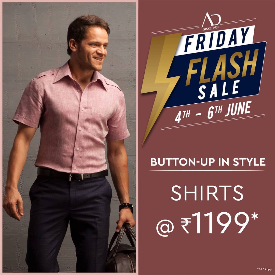 #OfferAlert 
Get ready to button-up in style with shirts from AD at just Rs.1199*, only from 4th to 6th June 2021! Shop now at arvind.nnnow.com

#Arvind #ADbyArvind #Menswear #Fashion #Style #StyleUpNow #YayFriday 
#FridayFlashSale #Dapper 
#FashioningPossibilities