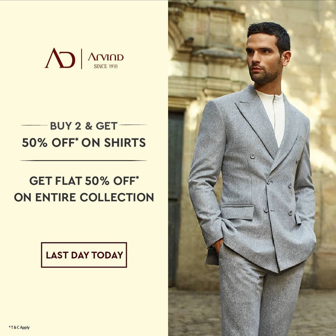 #OfferAlert
Double the joy now with AD by Arvind at half the price, from 25th to 29th June! Buy 2 Shirts and get 50% off*. Also enjoy flat 50% off* on the rest of the collection! Shop now on arvind.nnnow.com 

#Arvind #ADbyArvind #Menswear #Style #Sale #StyleUpNow #Dapper
#YayFriday #Fashion
#FashioningPossibilities