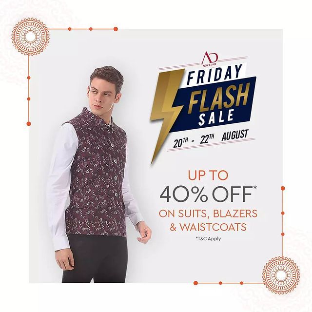 Take on the center stage with Festive Attires and let this Raksha Bandhan be a memorable one!

We're here with our Friday Flash Sale, Get Flat 40% OFF on Suits, Blazers & Waistcoats.
Shop now- link in bio 

#ADbyArvind #Arvind #ArvindMensWear #FashioningPossibilities #FridayFlashSale #Sale #ReadyToWear #Menswear #StayStylish #OfferAlert #Rakshabandhan #RakhiOutfit #FestiveOutfit #Suit #Blazer #Waistcoat