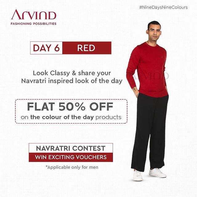 Get ready in red, share your click & win interesting gift vouchers.
Calling all the men to participate and win.

Share your Navratri inspired look in red!
Rules to participate:*
Like the post of the day
Share the post of the day in your story
Tag 2 friends in Comment Section to participate in this contest
Share your Navratri Ready image
*T&C Apply
Shop Now: Link In Bio

#Arvind #FashioningPossibilities #LandOfFestivals #FestiveReady #AnOdeToCelebrations #FestiveLook #FestiveLookBook #ArvindLookBook #EthnicWears #TraditionalOutfits #Menswear #ClassicCollection #ContestAlert #NavratriContest #9Days9Colours #ReadyInRed