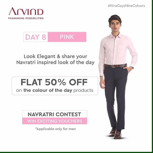 The last day to win interesting vouchers is TODAY!
Get ready, look elegant in Pink and share your picture.
Share your Navratri inspired look in Pink!

Applicable only for men
Rules to participate:*
Like the post of the day
Share the post of the day in your story
Tag 2 friends in Comment Section to participate in this contest
Share your Navratri Ready image
*T&C Apply
Shop Now: Link In Bio

#Arvind #FashioningPossibilities #LandOfFestivals #FestiveReady #AnOdeToCelebrations #FestiveLook #FestiveLookBook #ArvindLookBook #EthnicWears #TraditionalOutfits #Menswear #ClassicCollection #ContestAlert #NavratriContest #9Days9Colours #ElegantInPink