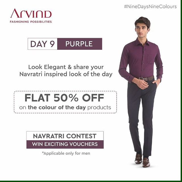 Get ready, look handsome in Purple and share your picture to win exciting vouchers.
Share your Navratri inspired look in Purple Now!

Applicable only for men
Rules to participate:*
Like the post of the day
Share the post of the day in your story
Tag 2 friends in Comment Section to participate in this contest
Share your Navratri Ready image
*T&C Apply
Shop Now: Link In Bio

#Arvind #FashioningPossibilities #LandOfFestivals #FestiveReady #AnOdeToCelebrations #FestiveLook #FestiveLookBook #ArvindLookBook #EthnicWears #TraditionalOutfits #Menswear #ClassicCollection #ContestAlert #NavratriContest #9Days9Colours #HandsomeInPurple