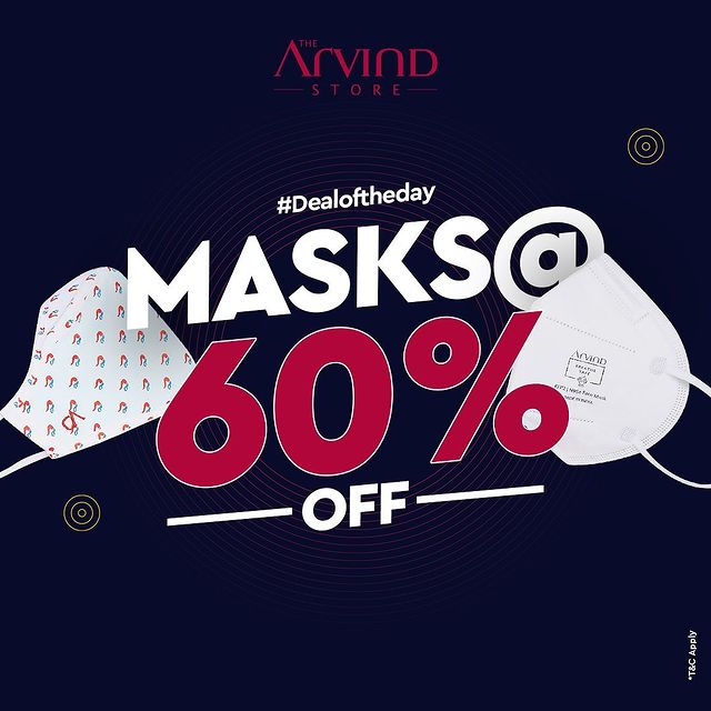 Get safe & pay 60% less!*

Grab the deal of the day & select stylish masks that are breathable and comfortable.
Shop now: https://bit.ly/3pGBx6h
*T&C

#Arvind #FashioningPossibilities #DealOfTheDay #SpecialOffer #Masks #FaceMasks #Safety #Comfortable #Breathable #CottonMasks #MensWear #MensFashion