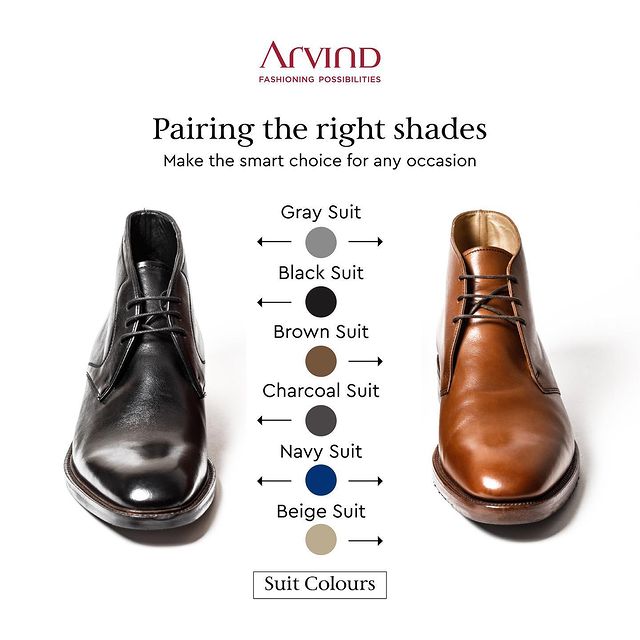 Pairing the right shade of shoes to your suits is the game changer for an impeccable look.  While it is a tricky task, we made it easy for you. Here's a quick go to, while you pick your next outfit. 
.
.
.
.
.
.
.
.
.
.
.
.
.
 #Arvind #FashioningPossibilities #MensWear #style #trend #fashionstyle
#mensweardaily #comfortclothing #onlineshopping #pairingstyles #menwithstreetstyle #mensclothing #menfashionstyle #dapper #luxury #suit #picoftheday #shopping #mensfashionpost  #clothing #fashionformen #shirt #shirts #ootdmen #airportlooks #casualstyle #menfashionreview #menfashionblogger